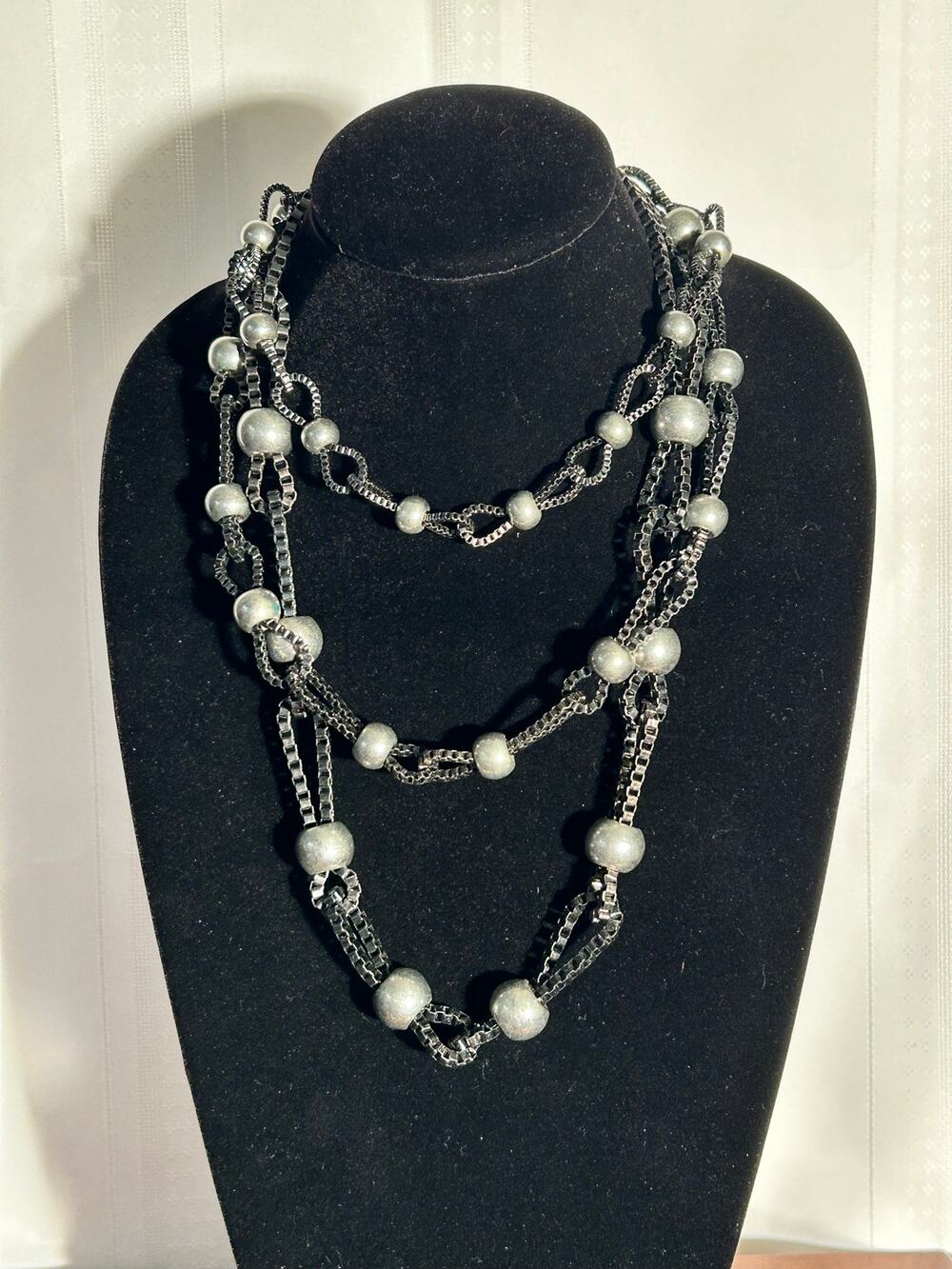 Vintage 28" 3 Tier Box Chain & Metal Bead Statement Necklace Layered Collar